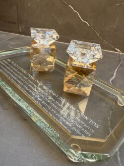 זוג פמוטי קריסטל עם מגש מהודר -  שקוף ושמפניה