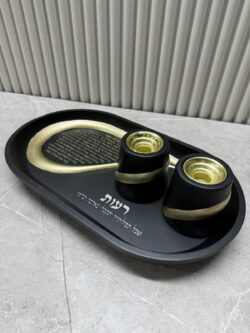 סט פוליריזן מגש להדלקת נרות וזוג פמוטים מהודרים | שחור זהב